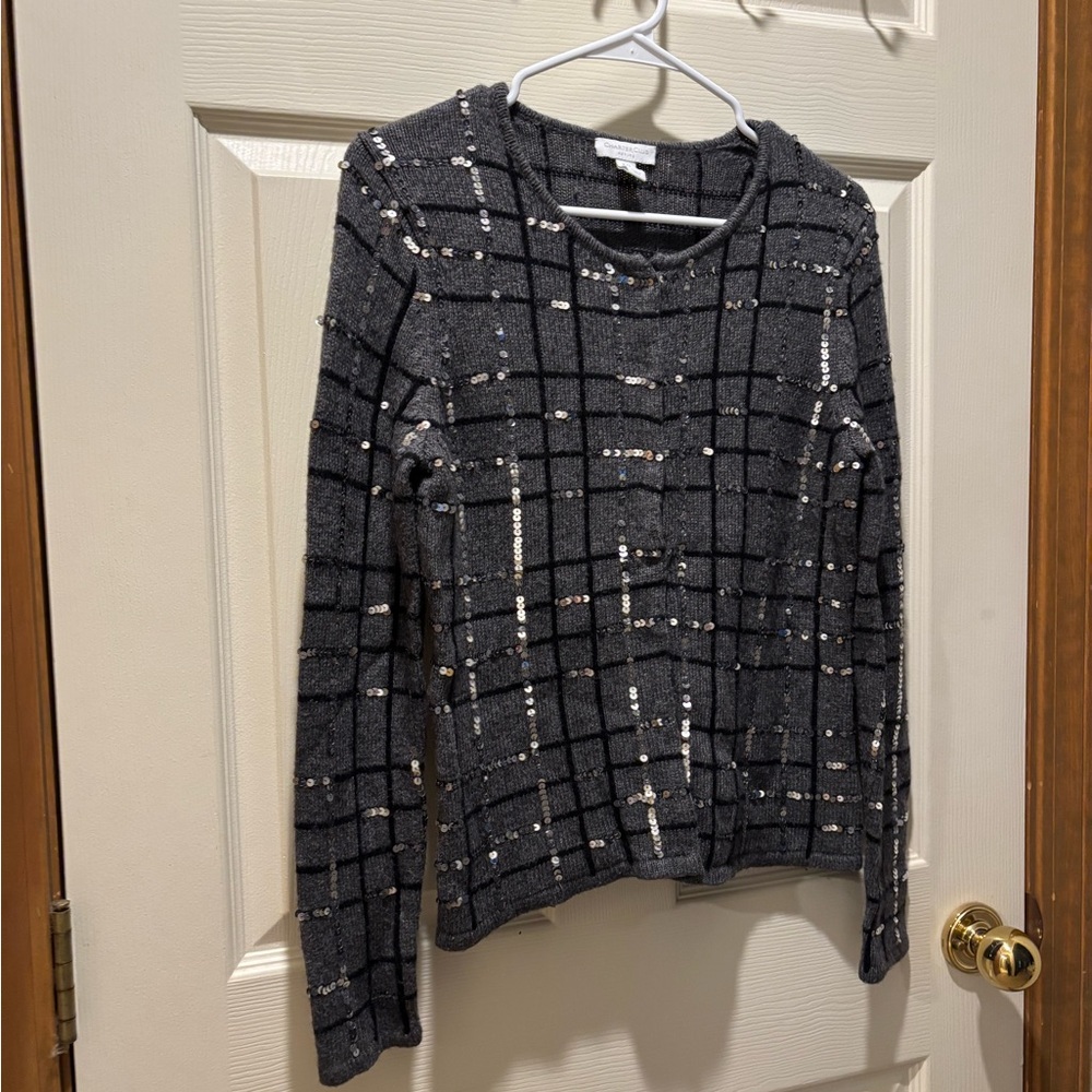 Charter Club Gray Sequin Cardigan Sweater Women Size Small
